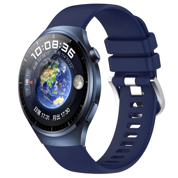 Glossy silicone watch band with silver buckle, dark blue strap with pin holes