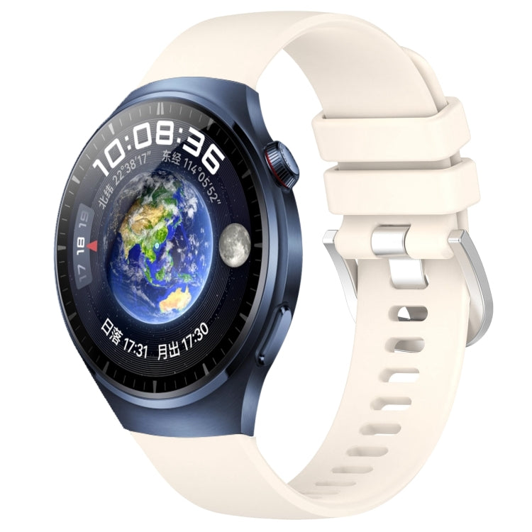 Glossy silicone watch band with silver buckle, light cream strap with pin holes