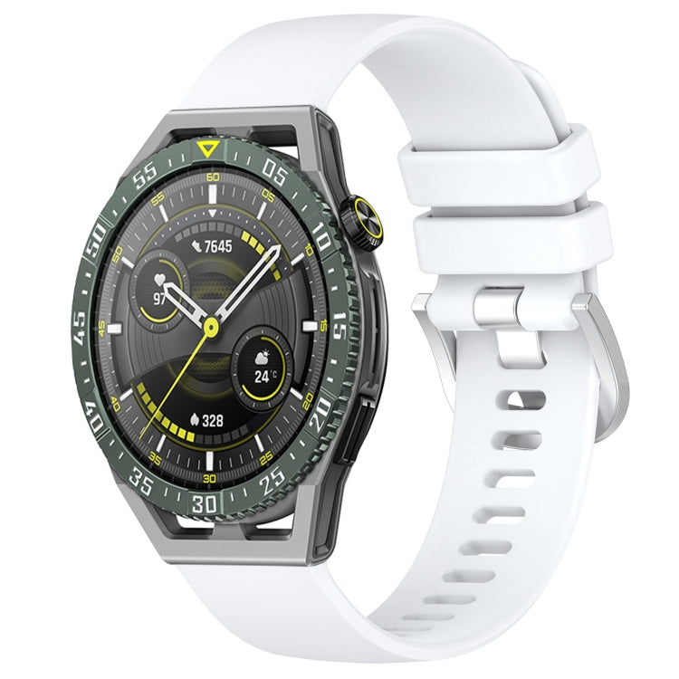 Glossy white silicone watch band with buckle, perforated strap holes for Huawei watch.