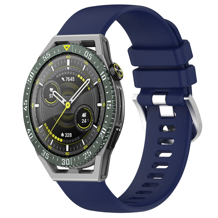 Glossy silicone watch band with silver buckle, navy blue perforated strap