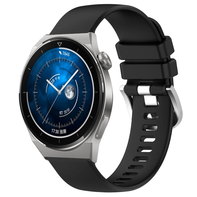 Glossy silicone watch band with silver buckle, black perforated strap