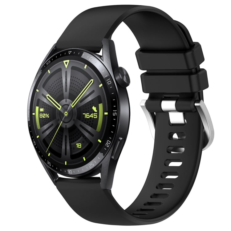Glossy black silicone watch band with silver buckle, punched holes, curved ends.