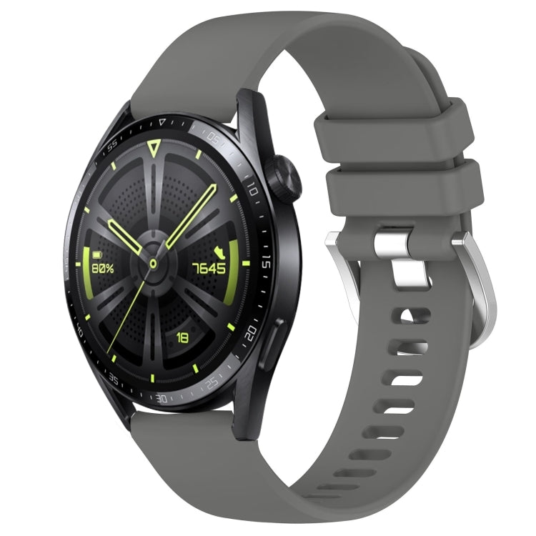 Glossy silicone watch band with metal buckle, dark gray, and multiple strap holes