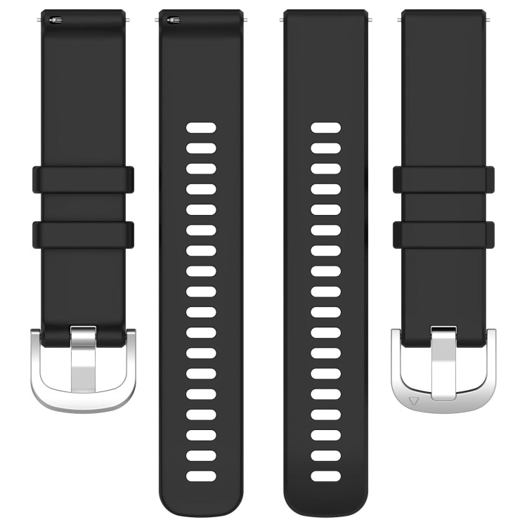 Glossy silicone watch band with metal buckle, black, and long strap adjustment holes