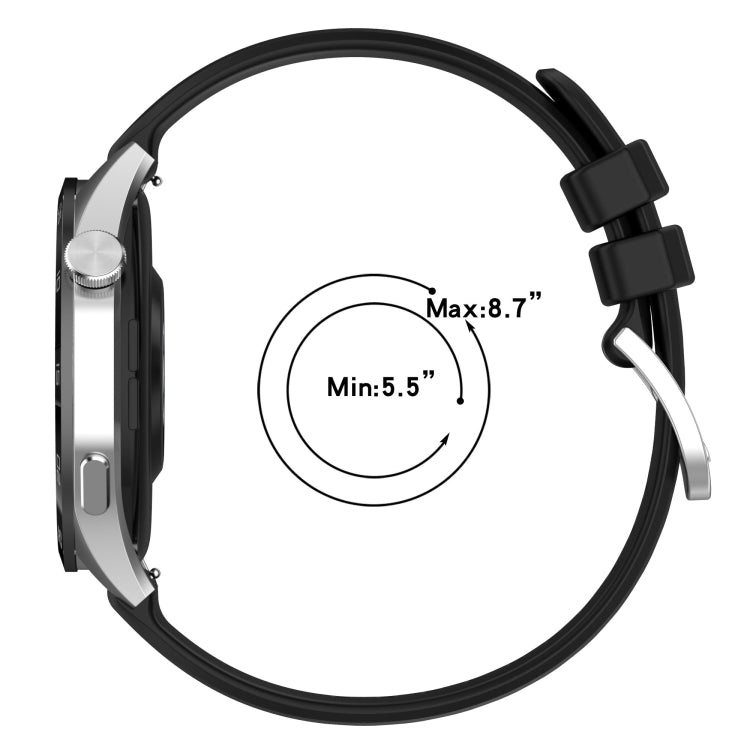 Glossy black silicone watch band with buckle, adjustable size range on strap.