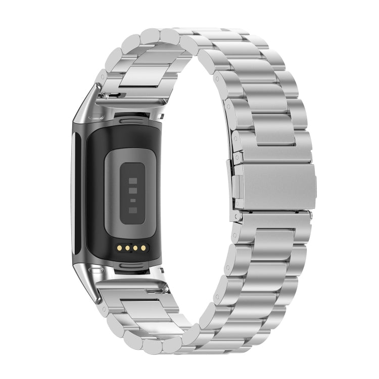 Three-bead stainless steel watch band for Fitbit Charge 6, silver metal strap
