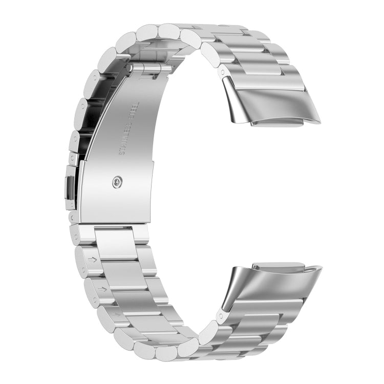 Three-bead stainless steel watch band for Fitbit Charge 6, silver adjustable links