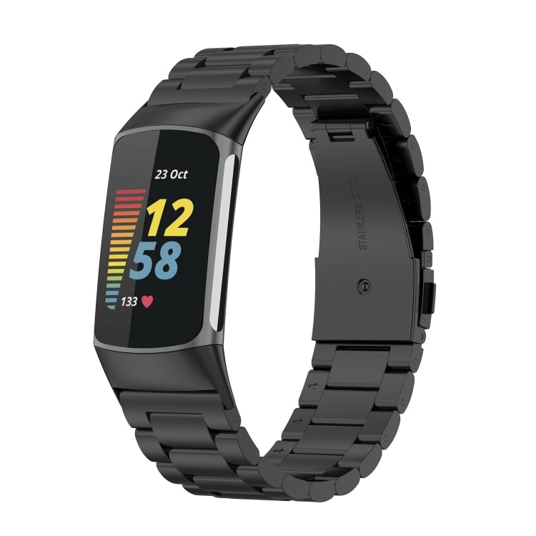 Three-bead stainless steel watch band for Fitbit Charge 6, black metal links