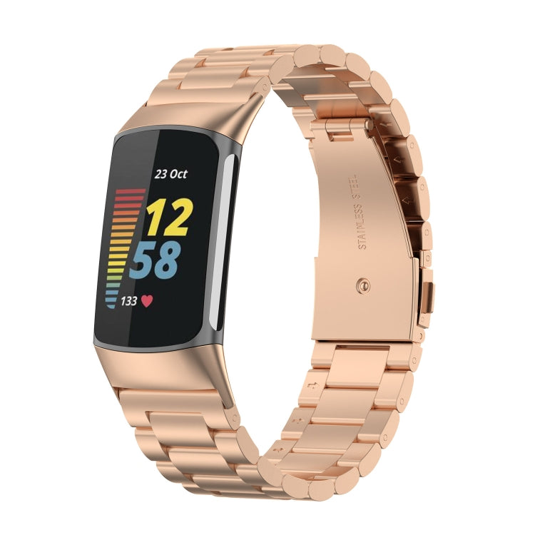Three-bead stainless steel watch band for Fitbit Charge 6, rose gold metal links