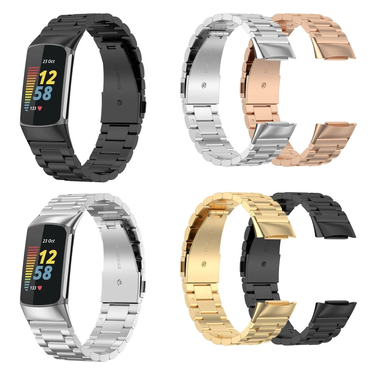 Three-bead stainless steel watch band set in silver, black, gold, and rose gold