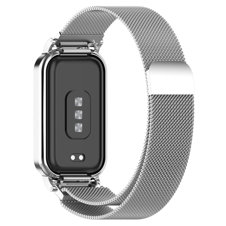 Silver metal mesh watch band with black watch screen cover and protective frame