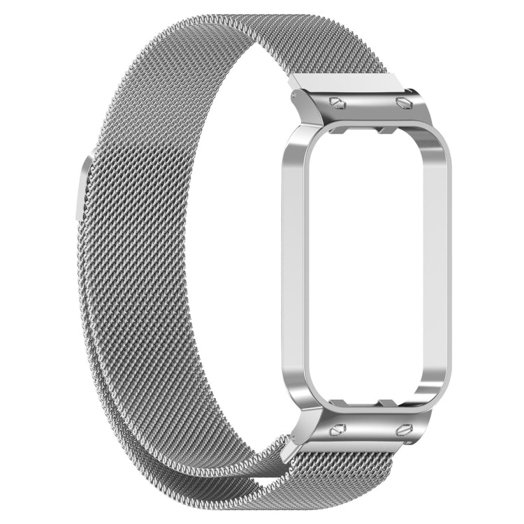Silver metal mesh watch band with protective watch frame, side view