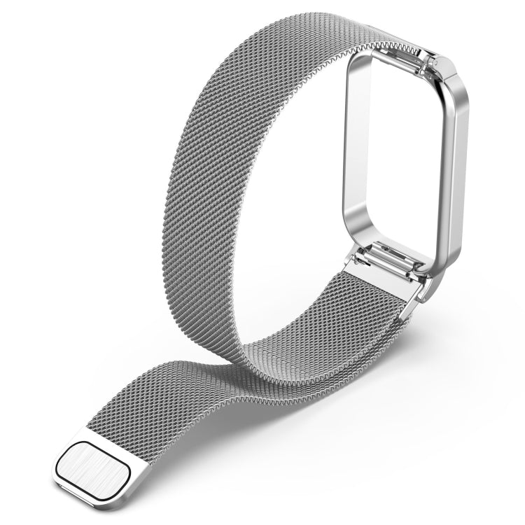 Silver metal mesh watch band with protective frame and adjustable magnetic clasp