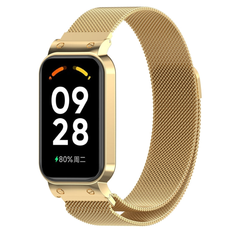 Gold metal mesh watch band with magnetic clasp and protective watch frame