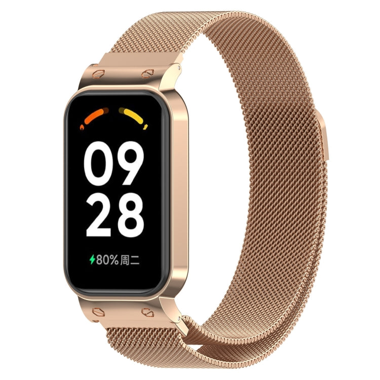 Rose gold metal mesh watch band with magnetic clasp and protective watch frame