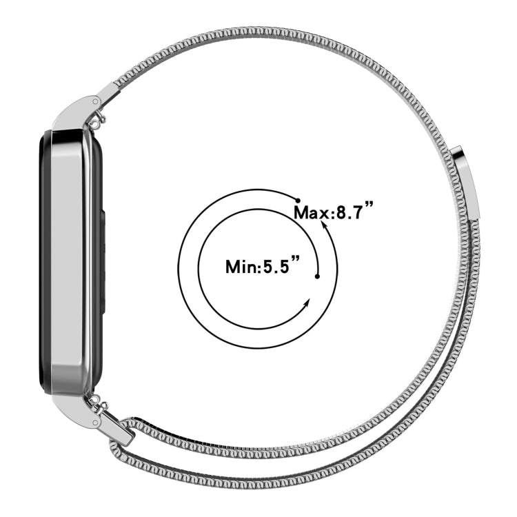 Metal mesh watch band size range shown: min 5.5" to max 8.7" with frame