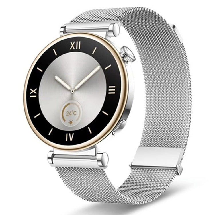 Silver metal mesh watch band with magnetic clasp, woven steel links