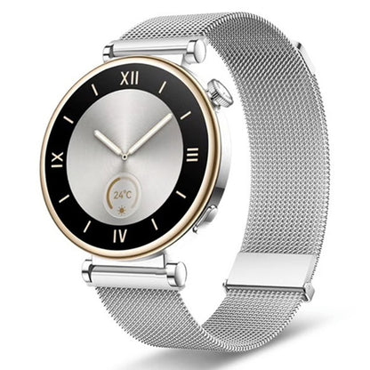 Silver metal mesh watch band with magnetic clasp, woven steel links