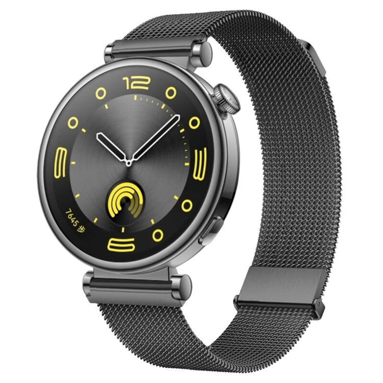 Dark gray metal mesh watch band with magnetic clasp, woven steel links