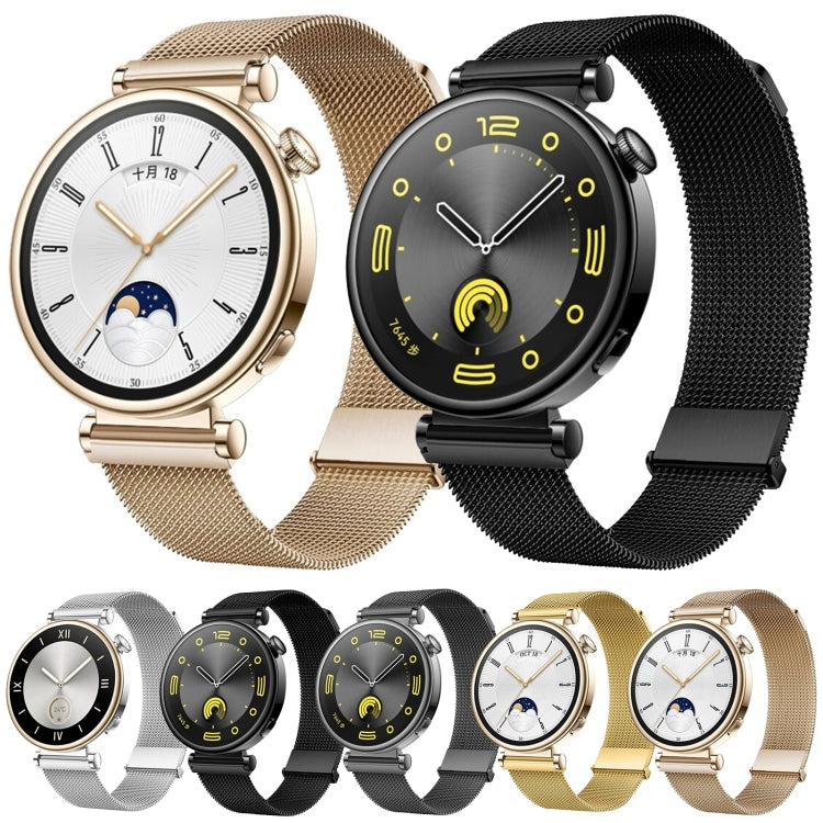 Metal mesh watch band set: silver, black, gold, and rose gold with magnetic clasp