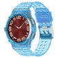 TPU integrated watch band with translucent blue case and red dial analog watch face