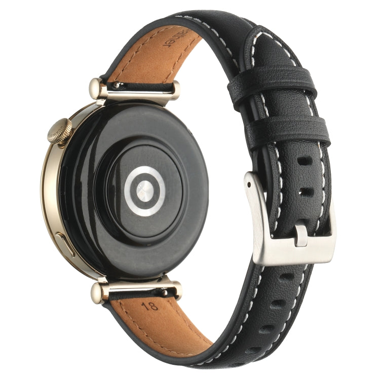 Black leather watch band with thread pin buckle and tan underside stitching