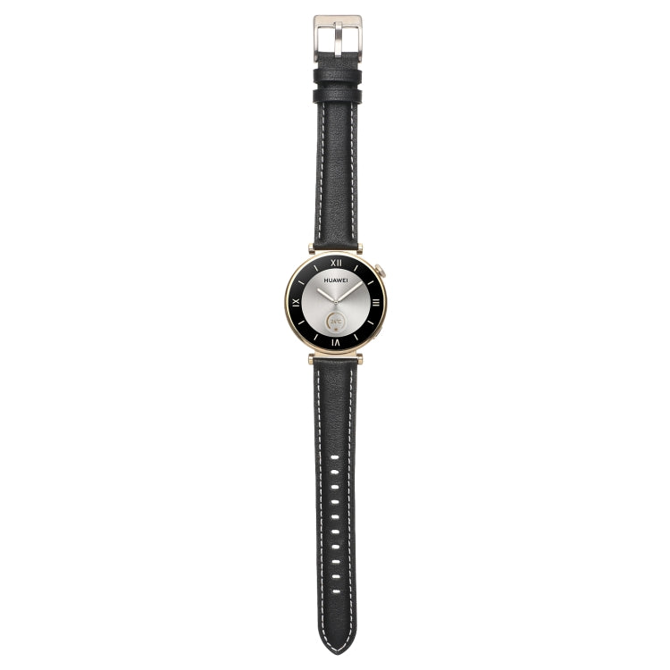 Black leather watch band with thread pin buckle and stitched holes