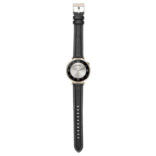 Black leather watch band with thread pin buckle and stitched holes