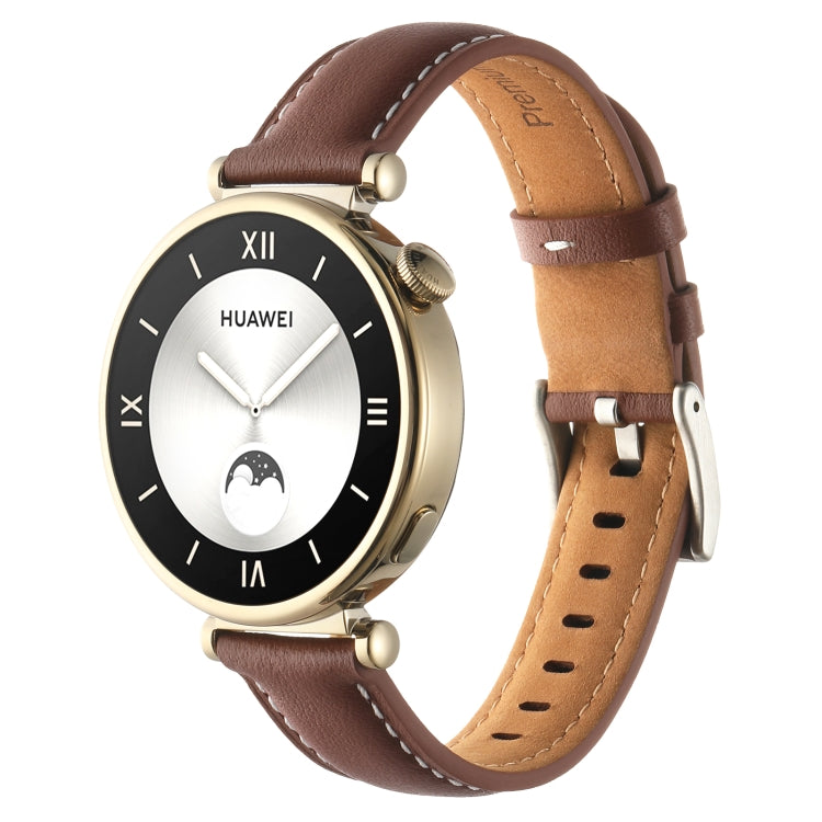 Dark brown leather watch band with thread pin buckle and stitched perforations