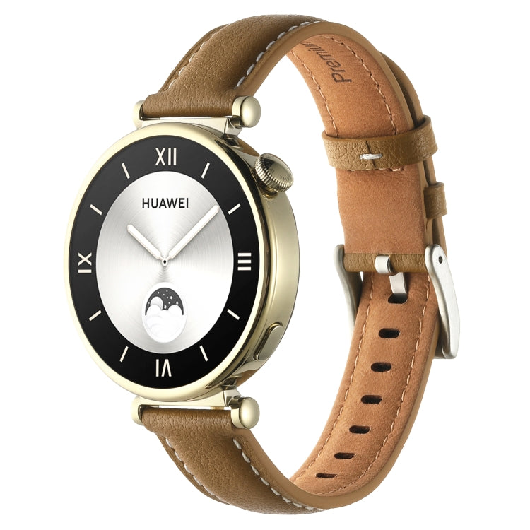 Tan leather watch band with thread pin buckle and stitched hole detailing