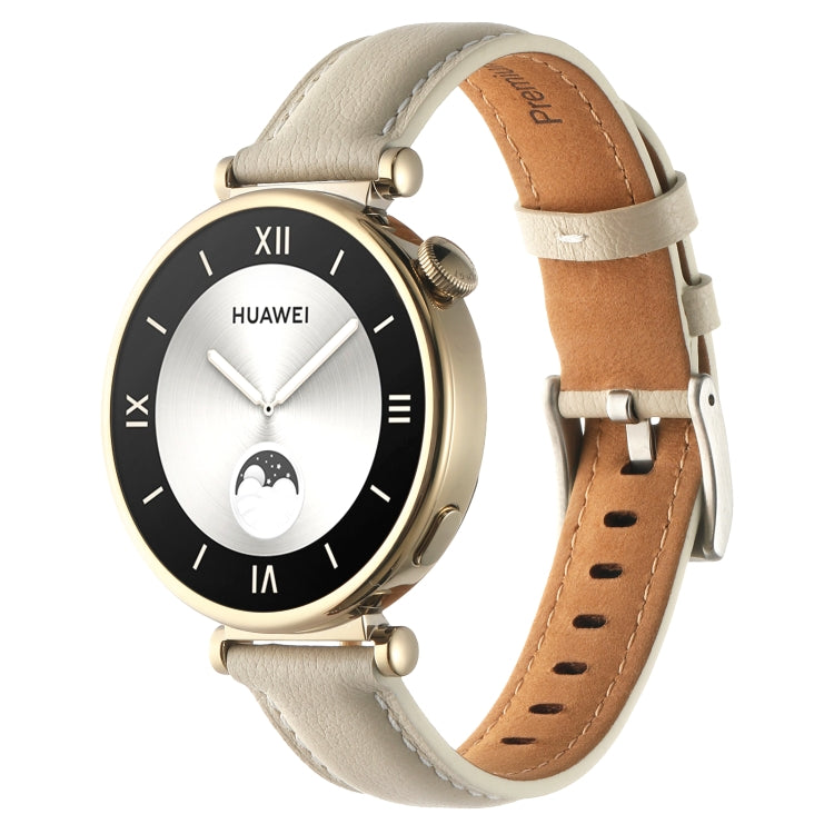 Light beige leather watch band with thread pin buckle and stitched perforations