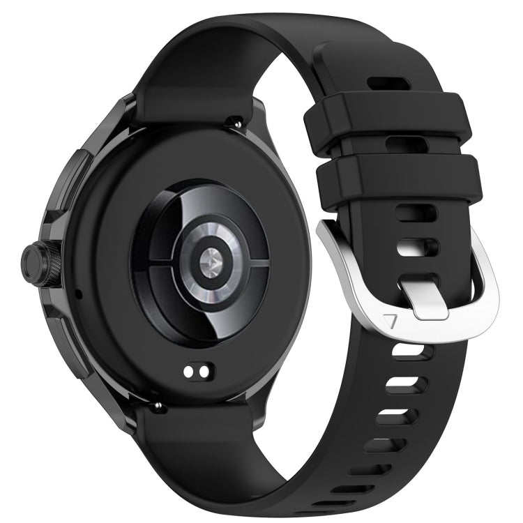 Black silicone watch band with sport buckle and perforated strap holes.