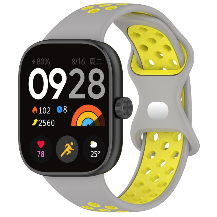 Dual-color perforated silicone watch band, gray with yellow perforated sections.