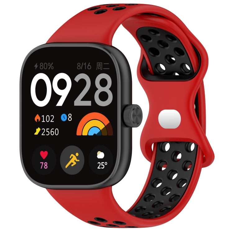 Dual color perforated silicone watch band, red outer strap with dark perforated band