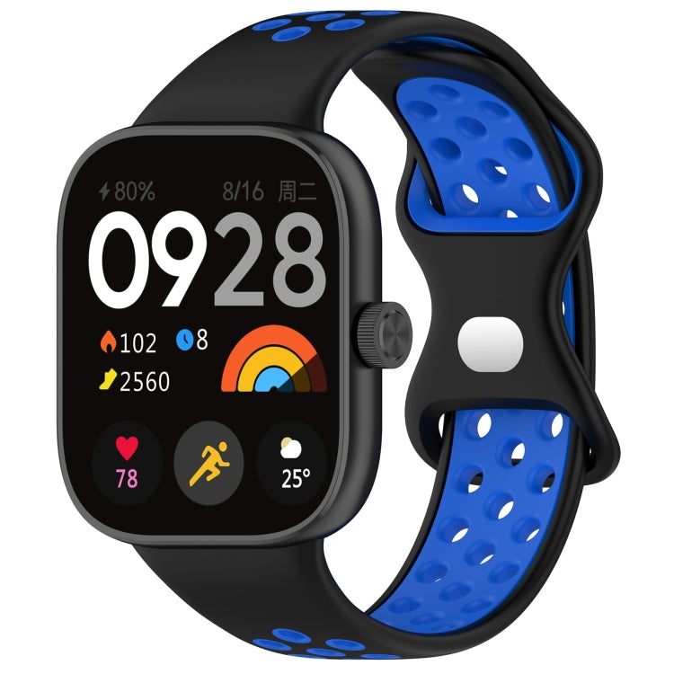 Dual-color perforated silicone watch band, black with blue perforated sections.