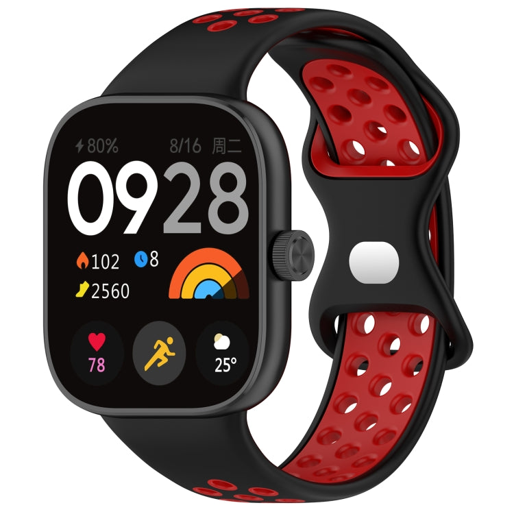 Dual-color perforated silicone watch band, black with red perforated sections.