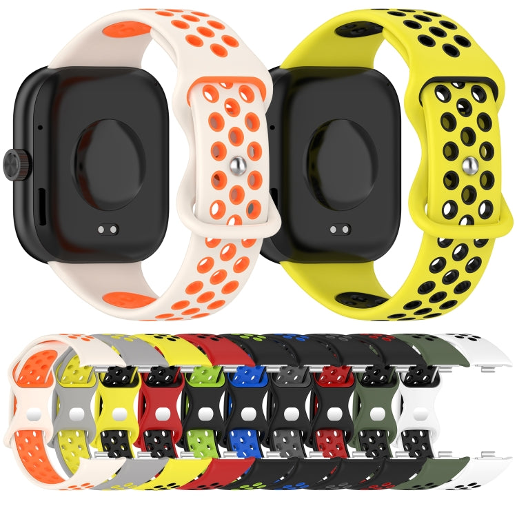Dual color perforated silicone watch bands in orange and yellow with dotted perforations