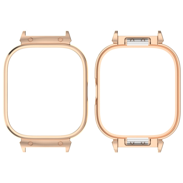 Rose gold metal watch case frame protector, front and back view