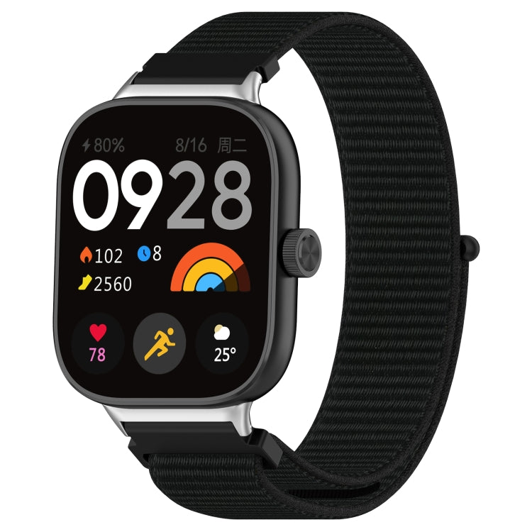 Nylon loop watch band with metal connector, black woven fabric, on smartwatch