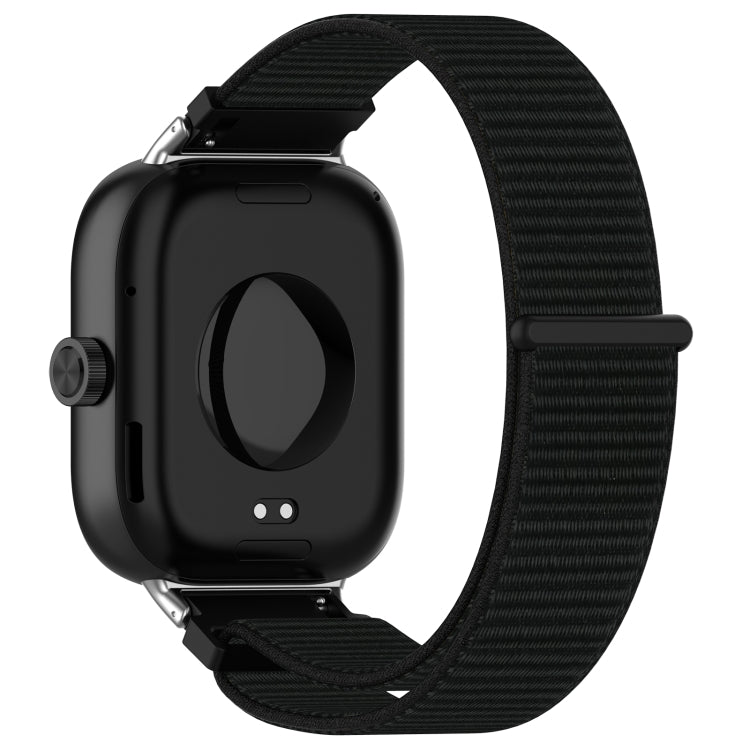 Nylon loop watch band with metal connector, black, side view on smartwatch