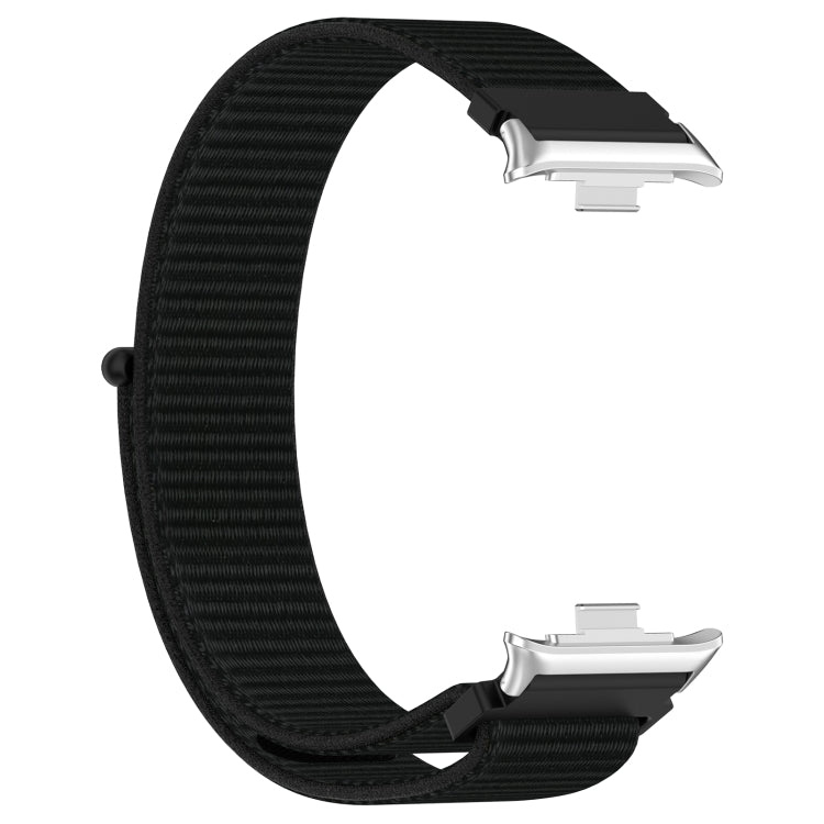 Nylon loop watch band with metal connector, black, shown flat