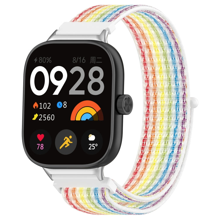 Nylon loop watch band with metal connector, rainbow woven fabric, on smartwatch