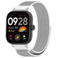 Nylon loop watch band with metal connector, light gray woven fabric, on smartwatch