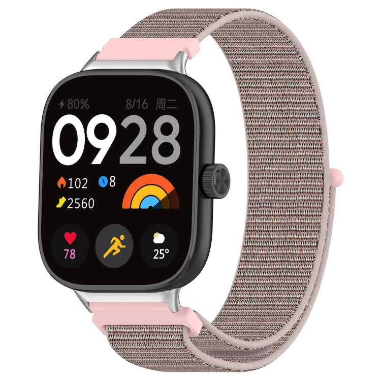 Nylon loop metal connector watch band, pink and beige woven strap with metal connectors