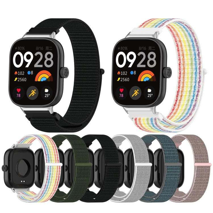 Set of nylon loop metal connector watch bands in black, rainbow, green, gray, pink, teal