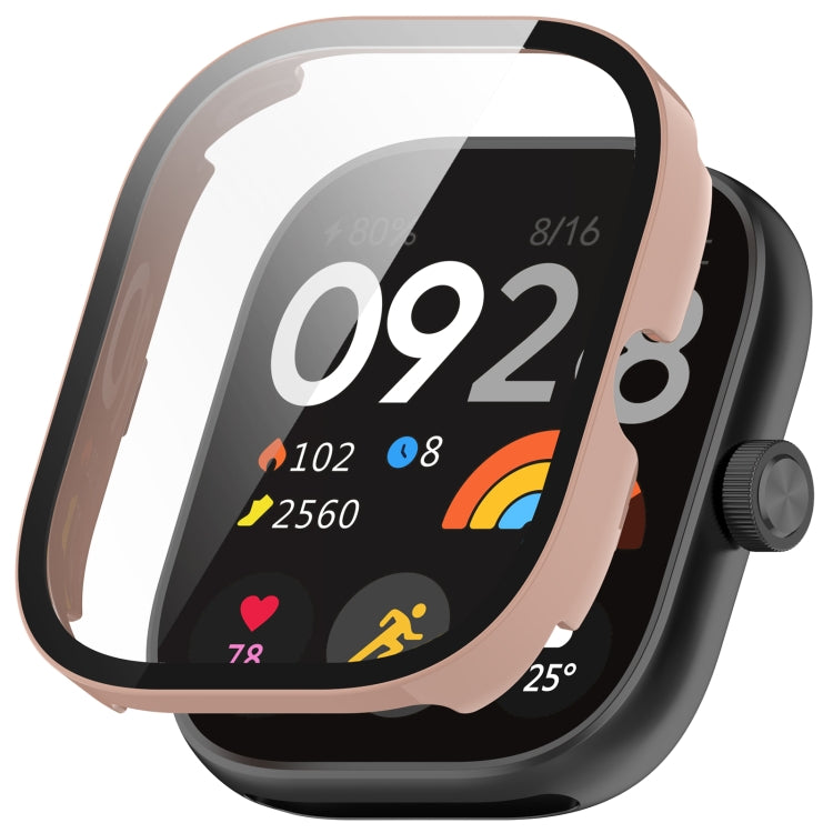 Smartwatch protective case with integrated tempered film, pink frame and clear screen cover