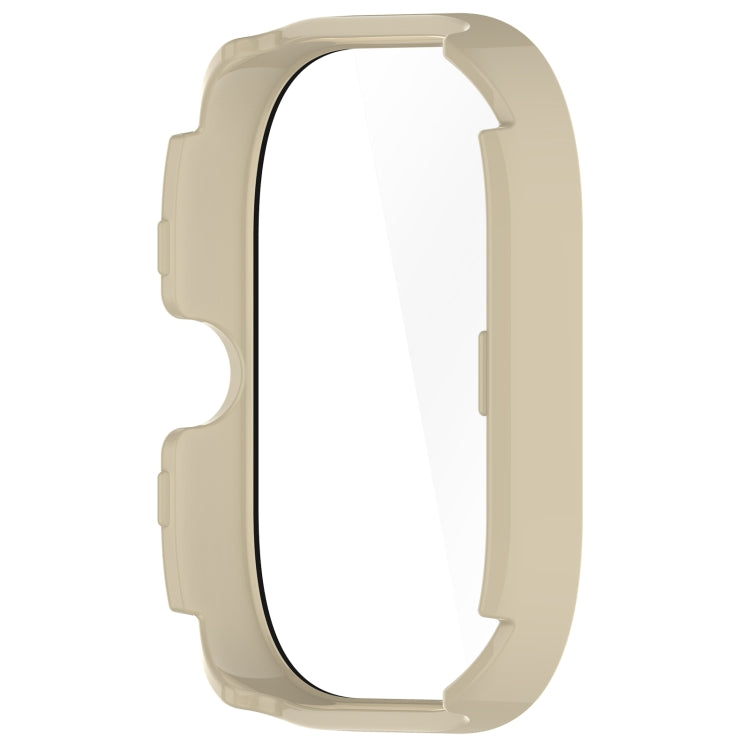 Beige smartwatch protective case cover with integrated tempered film, side button cutouts