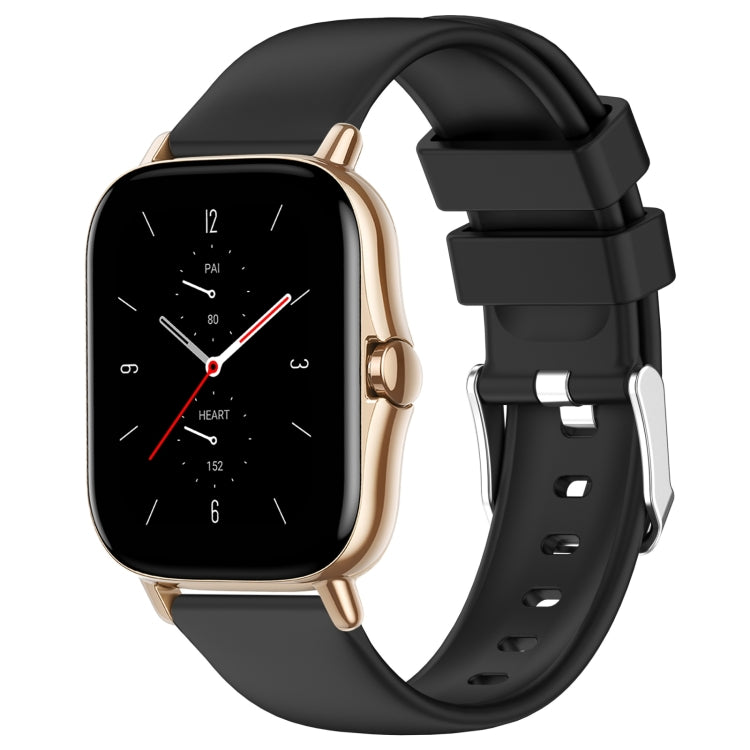 Black silicone watch band with adjustable holes and metal clasp.