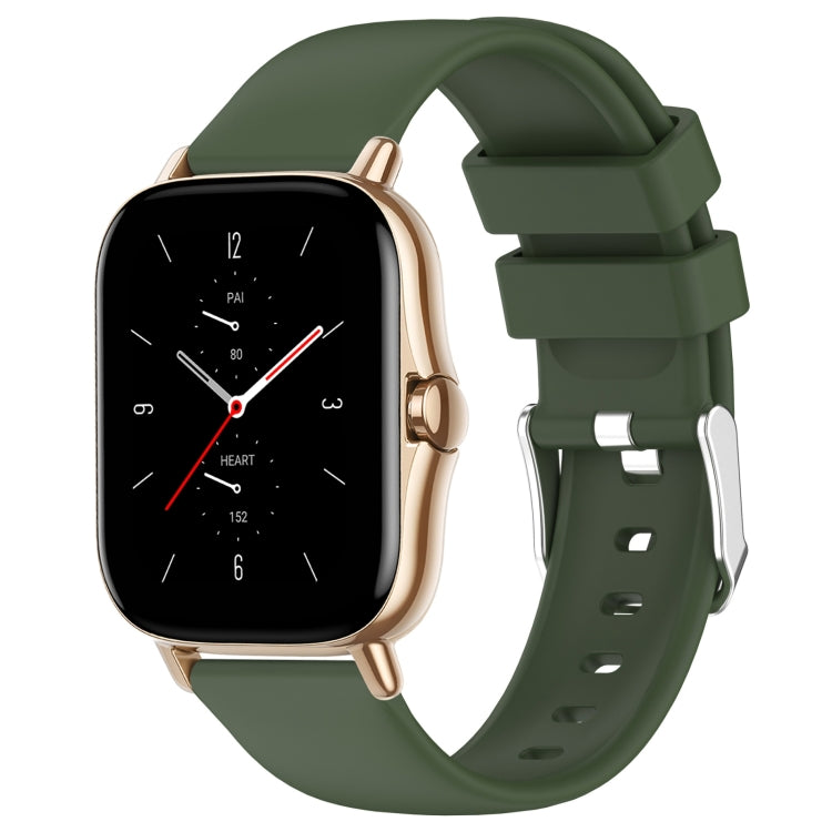 Olive green silicone watch strap with stepped buckle and perforation holes.