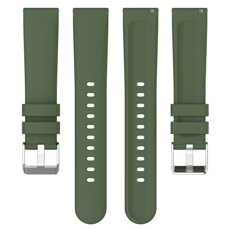 Olive green 20mm silicone watch band with three buckle notches and adjustment holes